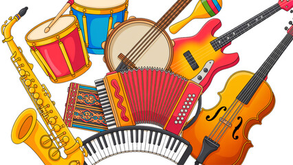 Colorful illustration of musical instruments including saxophone, trumpet, and drums in vibrant setting © MST AKHLIMA 