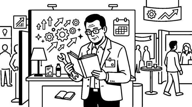 Professional man reviewing technical manual at trade show booth