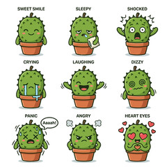 Obraz premium Cactus Emotions Funny Cartoon Faces.