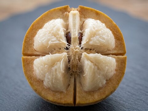 Cross section of a ripe santol fruit showing the white pulp and brown seeds