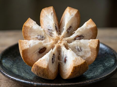 Closeup of a sliced star apple fruit showing its internal segments and seeds