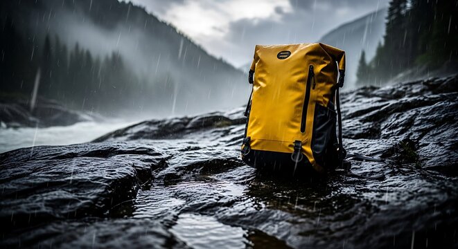 Yellow Waterproof Backpack on Wet Rocky Mountain Landscape During Rain Adventure Travel Outdoor Survival Gear Photography