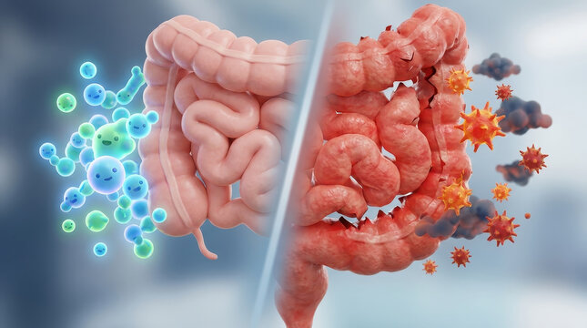 Healthy gut vs inflamed gut comparison shows difference between normal digestive system and damaged intestine with harmful bacteria and inflammation effects