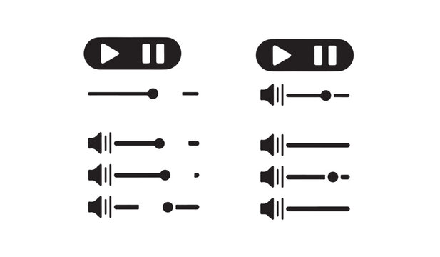 Set of media player buttons including volume sliders and playback controls in flat style.