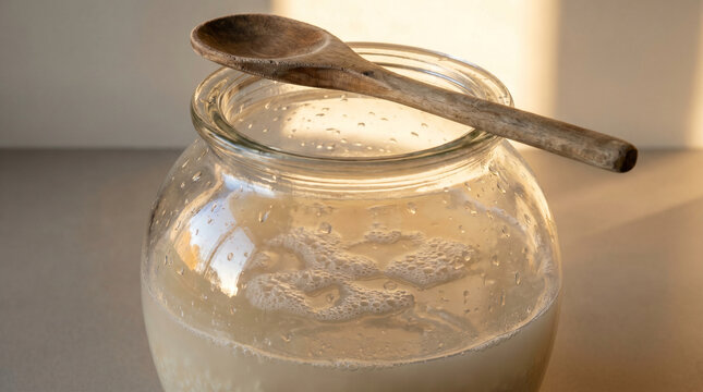 Close-up of a glass crock filled with bubbling shio koji liquid, moisture beading on the sides, wooden spoon resting across the top, perfect