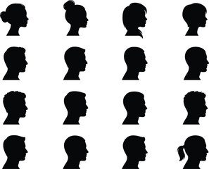 Male and female head profile silhouettes set with diverse human face side views isolated on gray background for identity concepts © Hello World
