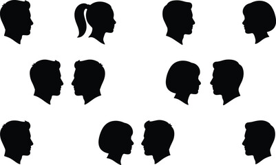 Male and female face profile silhouettes collection with human head side views and couple portraits isolated on gray background for identity concepts © Hello World