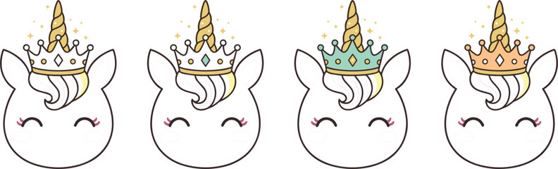 Cute unicorn head character set wearing colorful royal crowns with gold horns and magic sparkles for nursery and children birthday design. © Limon