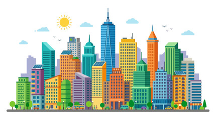 Colorful Cityscape with Modern Skyscrapers and Sunny Sky © Sari