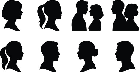 Male and female profile silhouette collection with human head side views and couple portraits isolated on gray background for identity concepts © Hello World