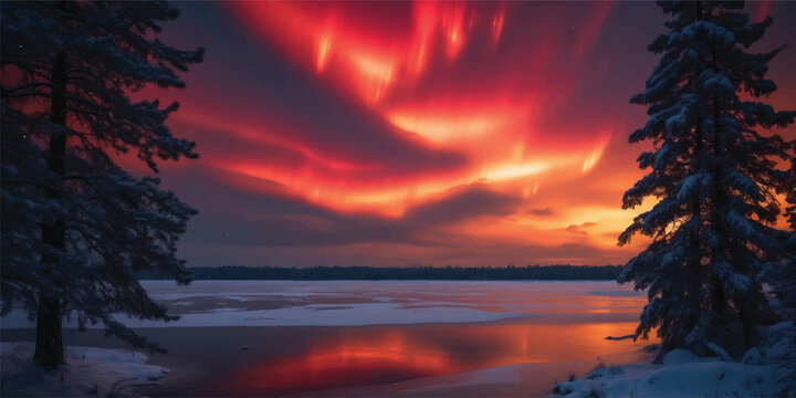 Fiery red aurora borealis dancing between snow-covered pine trees over icy lake with northern lights red sky winter landscape snowy trees polar lights light show sky phenomenon reflection
