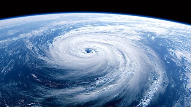 Powerful hurricane forming a distinct spiral cloud vortex over deep blue ocean and earth, seen from the dark expanse of space, highlighting storm energy and planetary scale