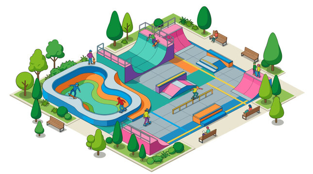 vector isometric skate park with ramps halfpipe and colorful urban playground