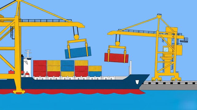 A flat vector animation showing harbor terminal cranes lifting colorful shipping containers onto a freight vessel at the docks during the day. Ideal graphic asset for global trade network, marine deli