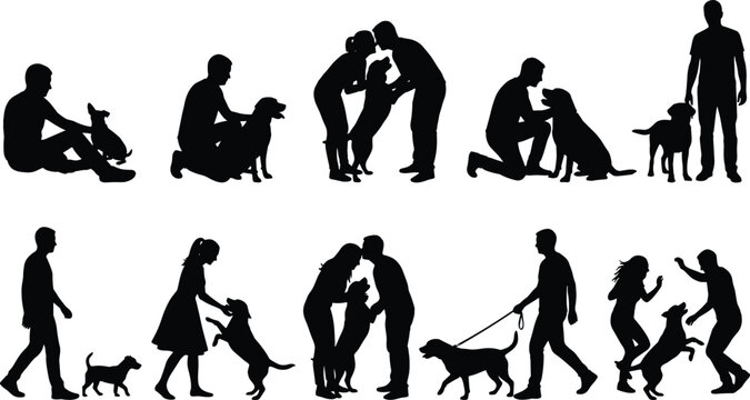 People with dogs silhouettes collection featuring pet owners walking training and playing with domestic animals isolated on white background