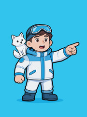 Fototapeta premium Cartoon Young Explorer with Arctic Fox on His Shoulder