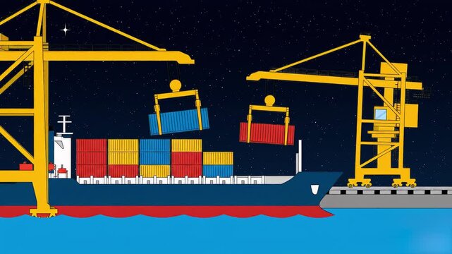 A flat 2D vector animation of yellow harbor gantry cranes lifting and stacking colorful freight containers onto a cargo ship at a seaport terminal under a dark starry night sky. Great for maritime com