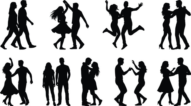 Romantic couple silhouettes collection featuring dancing walking hugging and joyful relationship poses isolated on white background