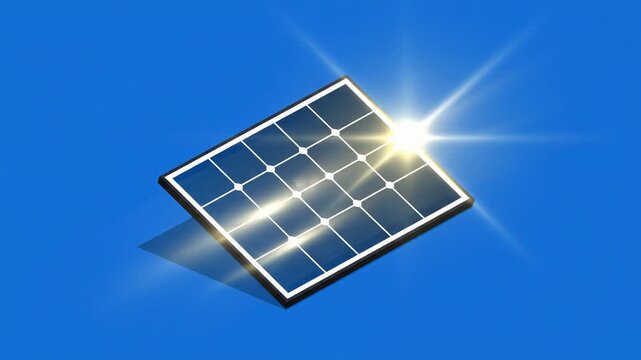 A high-quality, professional 2D motion graphic animation featuring a sleek solar panel tilted toward the sun, capturing rays with cinematic light flares. The crisp blue sky background and realistic re