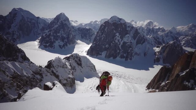Lone alpinist trekking in deep snow towards a mountain summit with a stunning glacier view