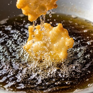 Deep frying batter fritters in hot boiling oil.