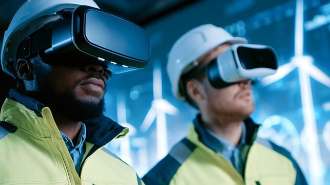Multiracial engineers wearing hard hats and vr headsets conducting a virtual tour of a wind farm, applying extended reality technology for renewable energy innovation and engineering