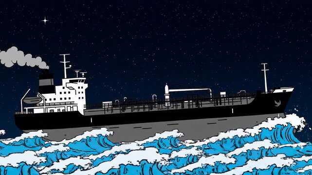 A flat 2D vector animation of a large industrial oil tanker or cargo ship sailing through ocean waves under a dark starry night sky. Perfect asset for marine logistics, global shipping, and fuel trans