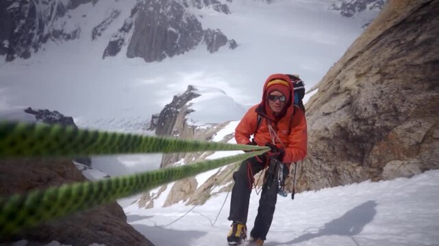 Skilled male mountaineer rappelling on a rope in a breathtaking snowy mountain landscape