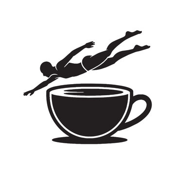 Person diving spread-eagled into a coffee cup for a caffeine energy boost