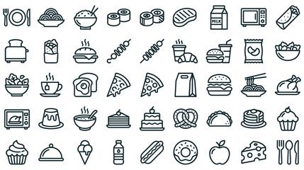 Naklejka premium Assorted food and drink icons for dining, cooking, and restaurant menus.
