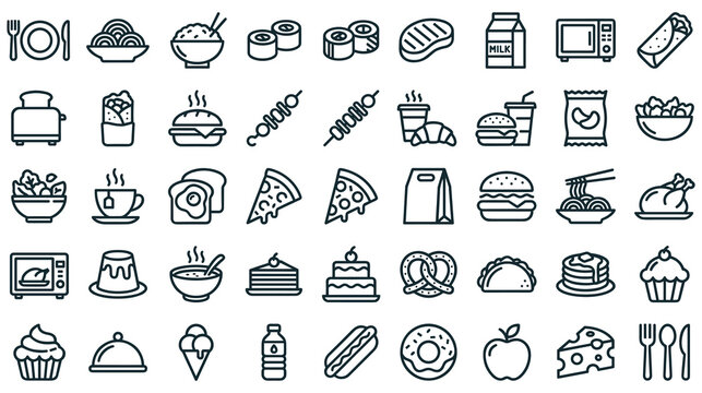 Assorted food and drink icons for dining, cooking, and restaurant menus.