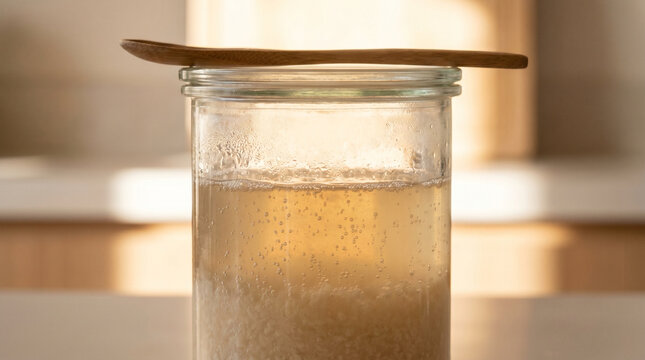 Close-up of a glass crock filled with bubbling shio koji liquid, moisture beading on the sides, wooden spoon resting across the top, perfect 2