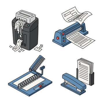 Isometric Office Supplies Shredder, Punch, Binding Machine, and Stapler Vector Illustration
