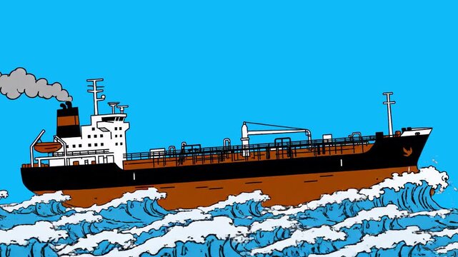 A flat 2D vector graphic of a commercial freight ship or container tanker sailing through blue ocean waves under a clear day sky. Ideal for maritime logistics, import-export business, and global freig