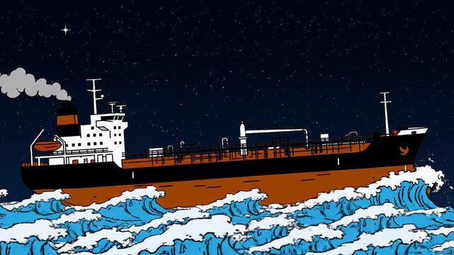 A flat 2D vector animation of a large industrial oil tanker or cargo ship sailing through ocean waves under a dark starry night sky. Perfect asset for marine logistics, global shipping, and fuel trans