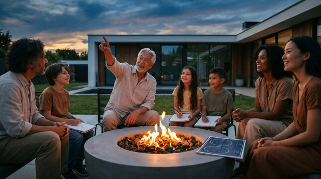 A multigenerational family gathers around a backyard fire pit at summer solstice dusk, grandchildren drawing constellations while a grandfat 2