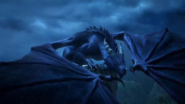 Tracking shot of dragon landing and perching on castle battlement during stormy night with lightning and rain