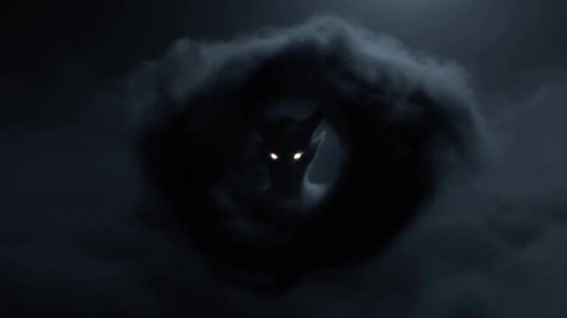 Slow zoom reveal of wolf emerging from swirling dark cloud in night sky with glowing eyes