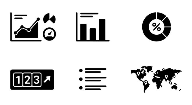 Business Analytics Icons: Charts, Graphs, World Map, Data Visualization Vector Set