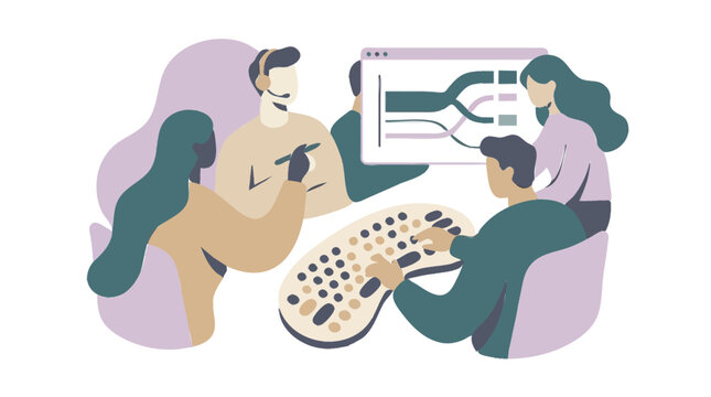 Diverse team collaborating around a computer screen, analyzing data flow diagrams, and using a keyboard for input and communication, promoting accessibility