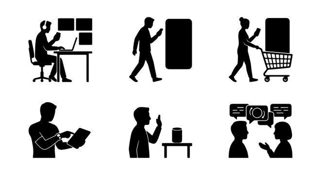 Digital Interaction Icons: Mobile, Shopping, Work, Voice Assistant, Communication