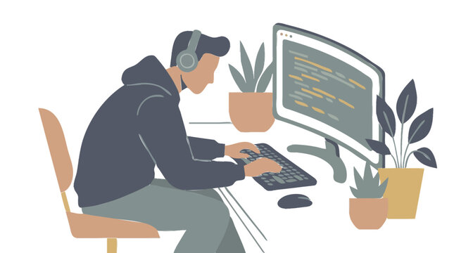 Professional developer deeply focused on coding intricate software on a curved monitor, creating an efficient and personalized workspace for intense concentration and productivity