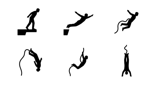 Bungee Jumping Icons, Extreme Sports Silhouettes, Adrenaline Activity Vector Graphics