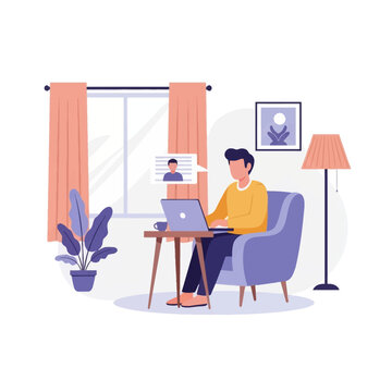Flat vector illustration of a man sitting in an armchair at a desk using a laptop for a remote video call with a therapist or doctor in a modern living room interior setting.