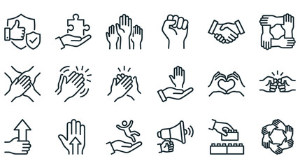 Fototapeta premium Teamwork cooperation and unity vector icons set hands people collaboration.