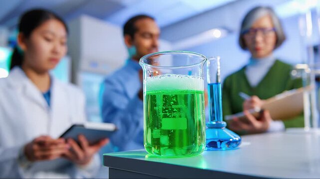 A chemistry lab with a green bubbling solution in a glass beaker in the foreground and three scientists in background examining a test tube, suggesting a collaborative research environment