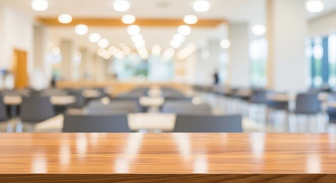 Empty polished timber tabletop provides space for copy against a soft bokeh background of an airy cafeteria dining area with rows of chairs, day, chairs, table