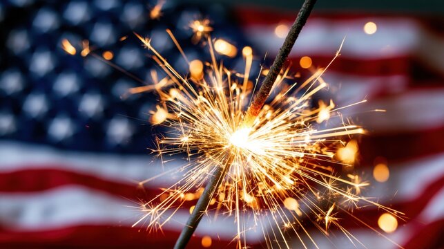 Close-up of sparkling firework sparkler with blurred American flag background, patriotic 4th of July celebration banner for USA Independence Day and 250th anniversary event