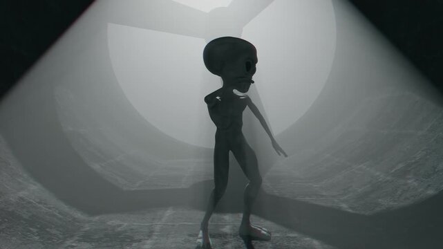 Funny 3D loop animation of a grey alien dancing. Sci-fi humanoid character performing energetic moves. Cinematic 4K extraterrestrial CGI.