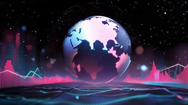 3D animated globe shows earth with data lines and vibrant colors in digital space